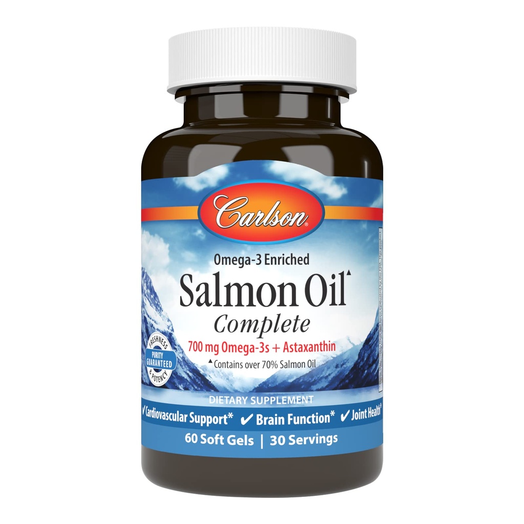 Carlson - Lachsöl komplett, 700 mg Omega-3s + Astaxanthin, Herz-Kreislauf-Unterstützung, Gehirnfunktion & Gelenkgesundheit, 60 Softgels