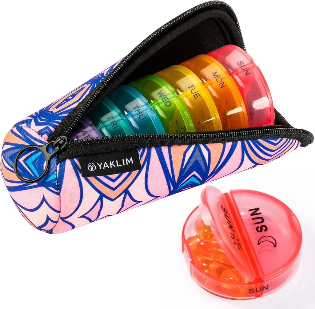 Organisateur de pilules Yaklim 2 fois par jour, excellente qualité Neoprène Pill Box, AM/PM Conteneurs de pilules hebdomadaires 7 jours avec sac de rangement de fermeture éclair portable pour supplément d'huile de poisson de vitamine (puits)