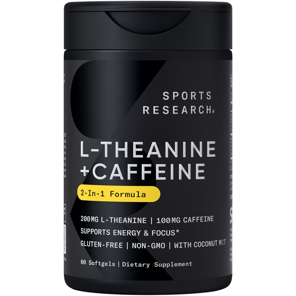 Sportforschung L-Theanine Supplement mit Koffein & Kokosnuss-MCT-Öl - Fokussierte Energie, Alertness & Entspannung Ohne Schläfrigkeit - 200mg L Theanine, 100mg Bio Koffein - 60 Liquid Softgels