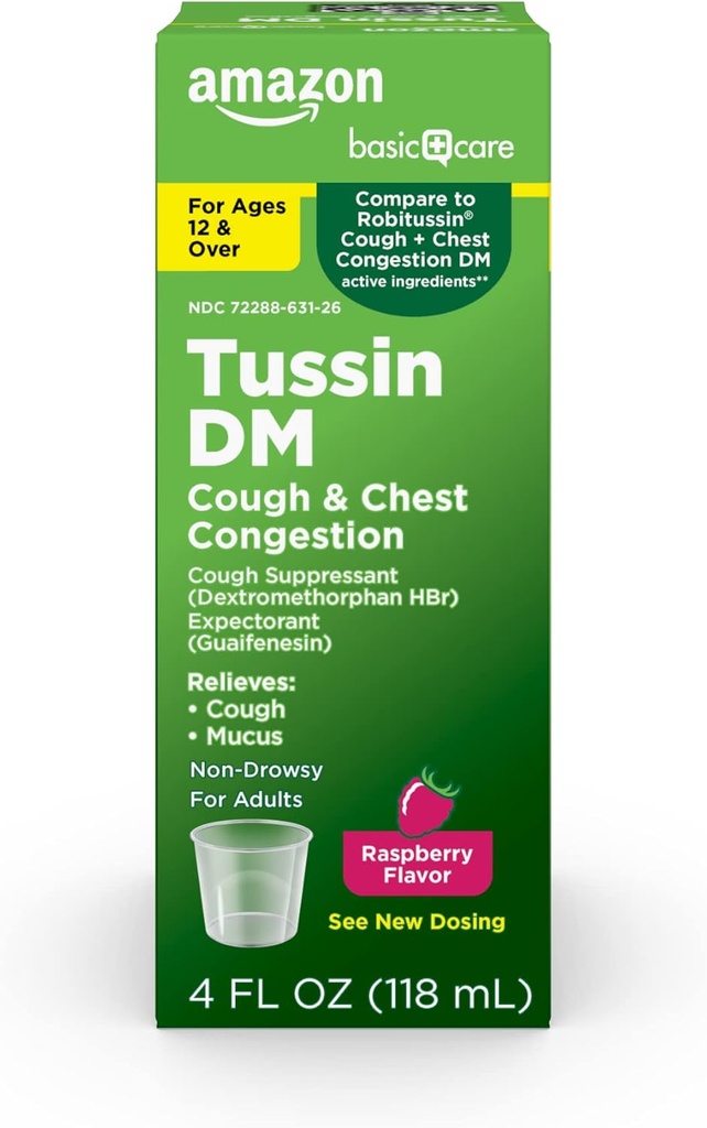 Basic Care Tussin DM, Cough Plus Chest Congestion Syrup für Erwachsene und Alter 12 und darüber, Raspberry Flavor, 4 fl oz (Pack von 1)