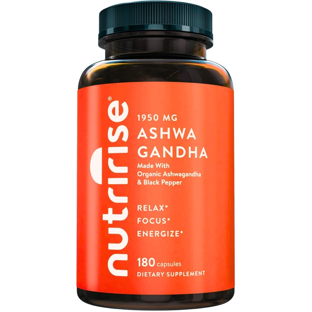 NutriRise Organic Ashwagandha Root Capsules mit schwarzem Pfeffer 1950mg, Natural Stress & Mood, Schilddrüse & Immununterstützungsergänzung, Schlafhilfe, Klarheit, Fokus & Energie, Glutenfrei, 180 Count