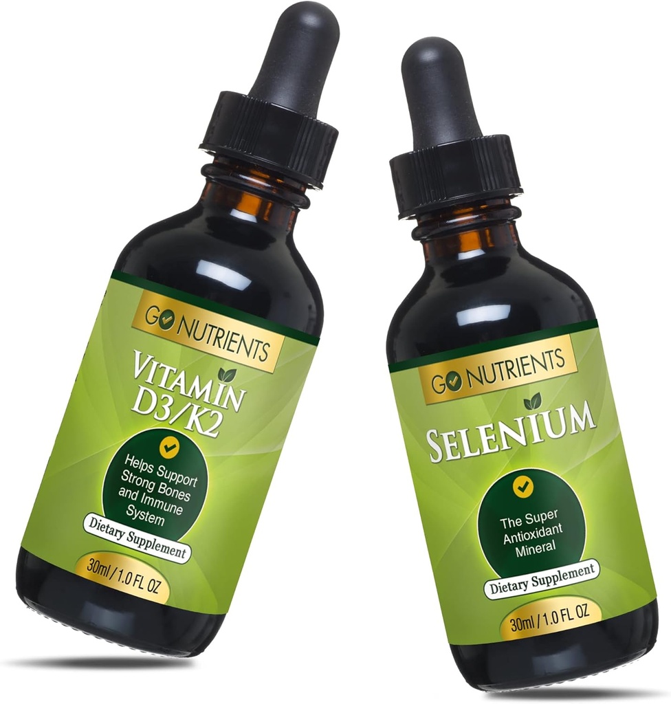 Go Nutrients Vitamine liquide D3 avec K2 (MK-7) gouttes 1 oz et sélénium 200 mcg Supplément 1,0 oz.