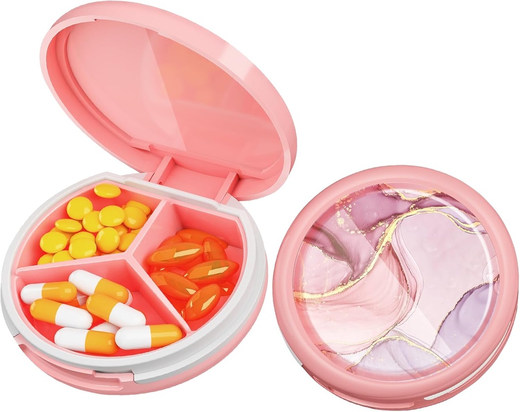 Serfeymi Small Pill Box - 3 Compartments Portable Pill Box for Purse Pocket, Compact Mini Travel Pill Case - Suitable for Medicine, Vitamin, Fish Oil, Supplements - Pink(Marble)