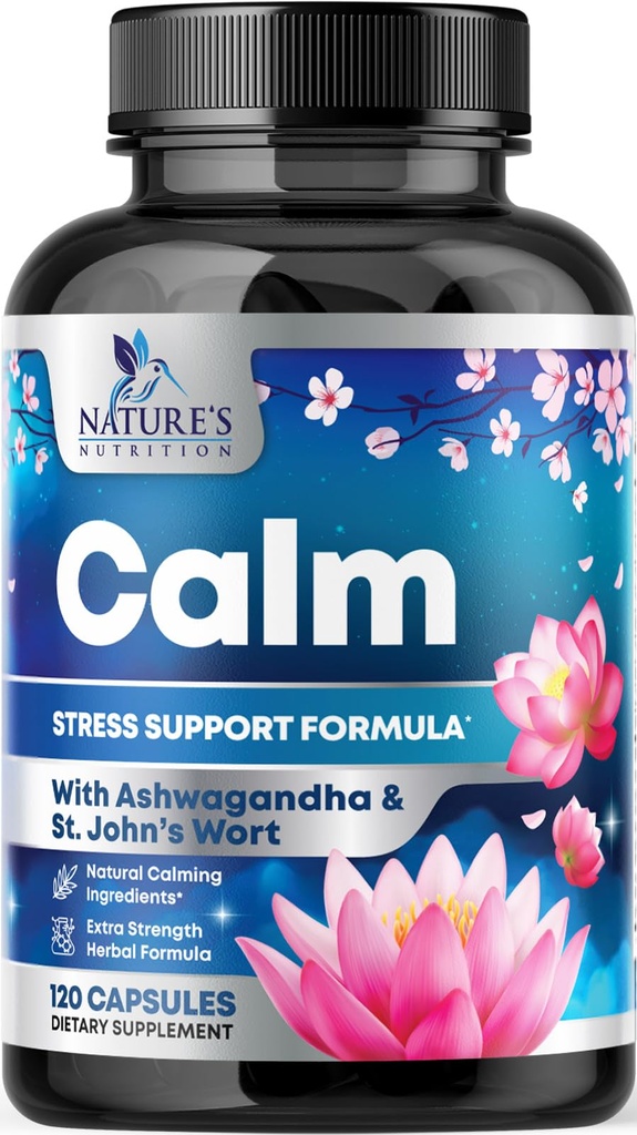 Support naturel pour calme, détente et détente - Ashwagandha, GABA, Magnésium, L-Theanine et plus - Focus naturel, énergie et protection immunitaire - Nature's Non-OGM, végétalien, sans gluten, mis en bouteille aux États-Unis - 120 Capsules