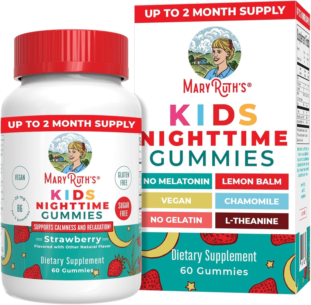 MaryRuth Organics Kids Nighttime Gummies | Sugar Free | NO Melatonin with L Theanine, Lemon Balm, Chamomile, Vitamin B6 | Relaxation Support for Kids 2+ | Vegan | Non-GMO | Gluten Free | 60 Count