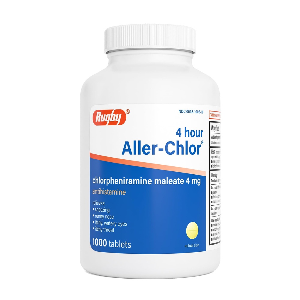Rugby 4 Hour Aller-Chlor - Chlorpheniramin Maleat 4 mg - Antihistamin - 1000 Tabletten (1 Packung)