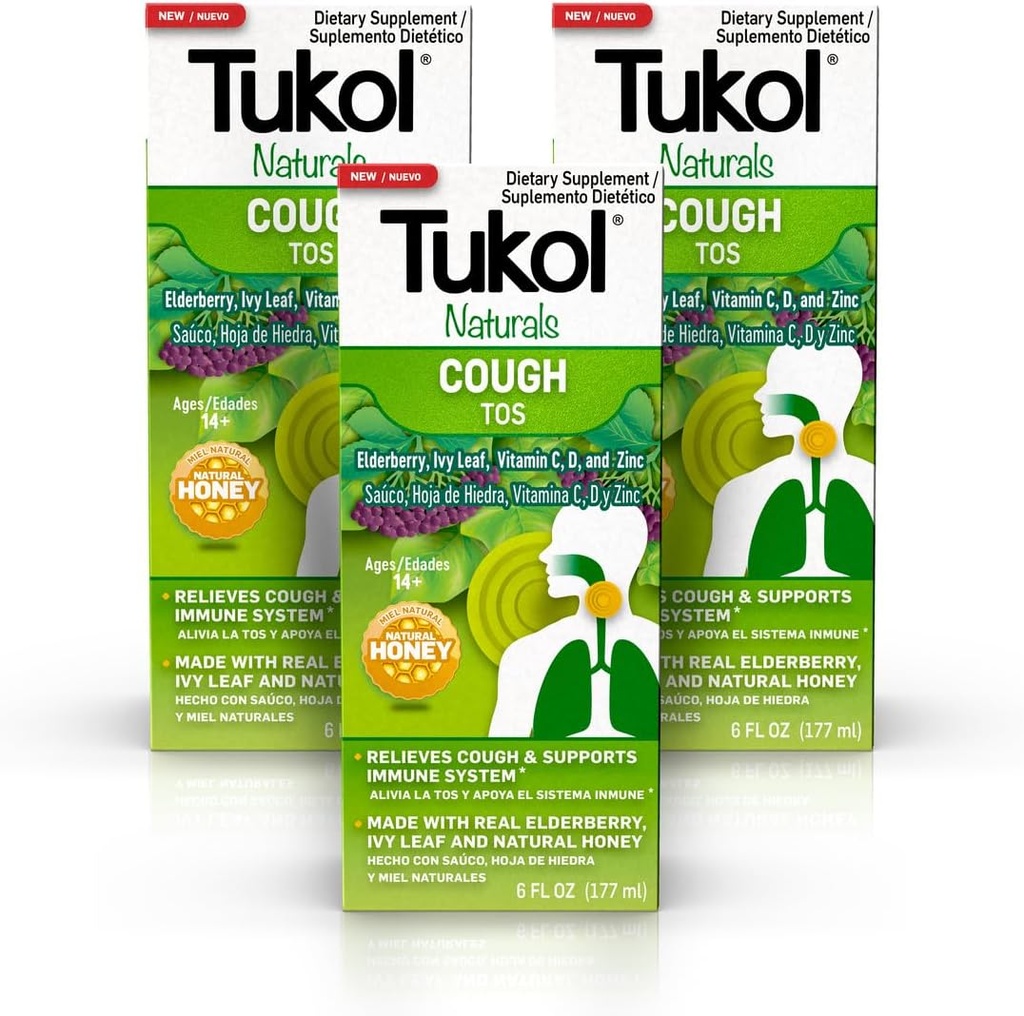 TUKOL Naturals Elderberry Syrup mit Vitamin C, D und Zink, Immununterstützungsergänzung mit natürlichem Honig für Erwachsene & Teens, Kräuterelbeeren Boost für Immunität & Antioxidantien Unterstützung, 6oz, Packung von 3