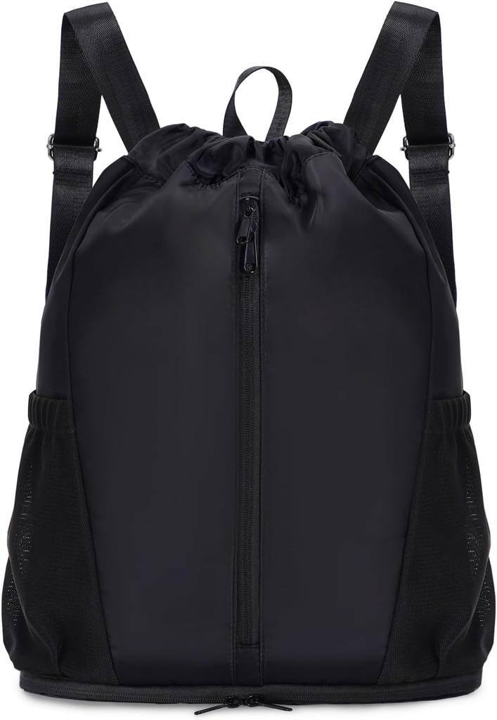 sportnew Drawstring Rucksack Sport Gym Tasche mit Schuhen Compartment, String Rucksack Cinch für Frauen Männer, Wasser-Resistant Drawstring Tasche für Workout Reisen, Leicht, Schwarz, Patent Pending