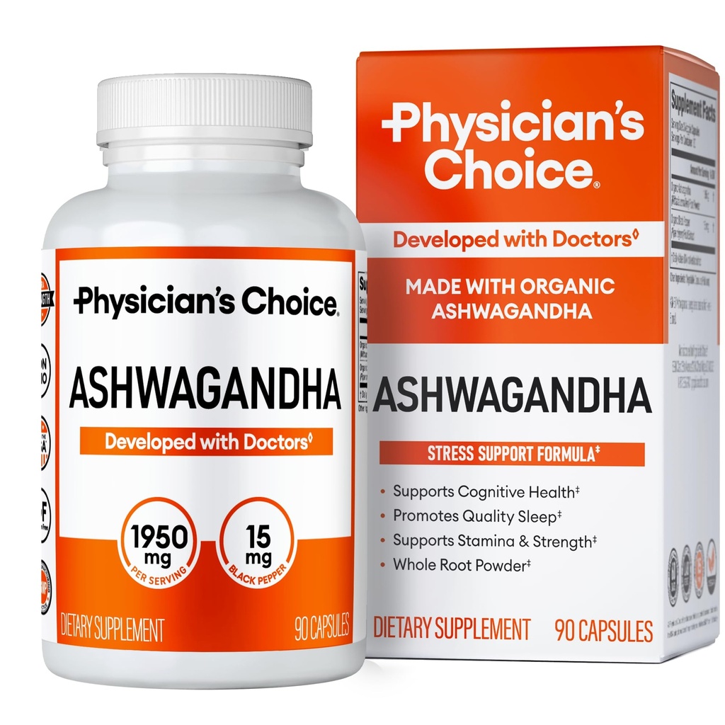 Physician's CHOICE Ashwagandha Supplement - 1950 mg Bioverfügbares Ashwagandha Wurzelpulver - Schwarzer Pfeffer Extrakt, Stress Support, Mood Support Supplement, 90 Veggie Ashwagandha Kapseln