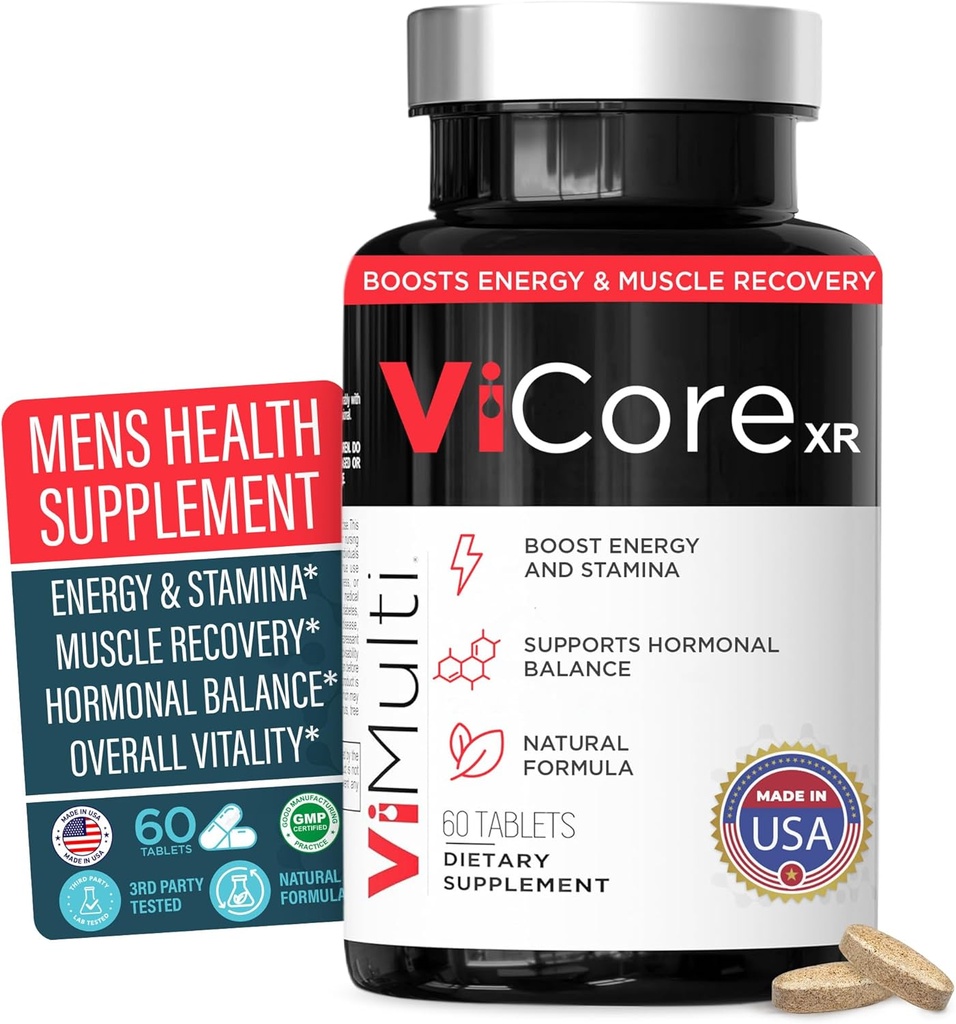 Supplément à base de plantes ViCore Premium Hommes – Tongkat Ali (Longjack), Maca Root, Panax Ginseng, Zinc & L-Arginine – soutient l'énergie, l'endurance, la santé immunitaire et le mieux-être des hommes – 60 capsules