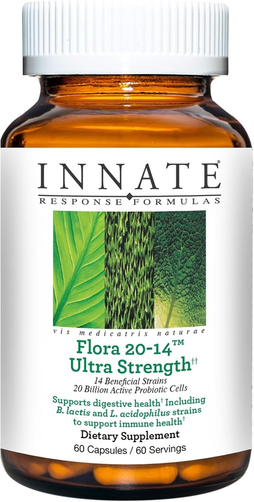 Formules de réponse innée Flora 20-14 Ultra Strength - Supplément probiotique avec 20 milliards CFU - 14 souches probiotiques - Végétarien et non-OGM - Fabriqué sans 9 allergènes alimentaires - 60 capsules