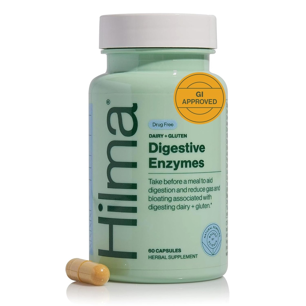 Enzymes digestives Hilma pour femmes, Glissement avec les Enzymes digestives curcuma, Racine de dandelion et Gluten, Gluten naturel et Pills de soulagement laitiers, 60 Capsules Vegan