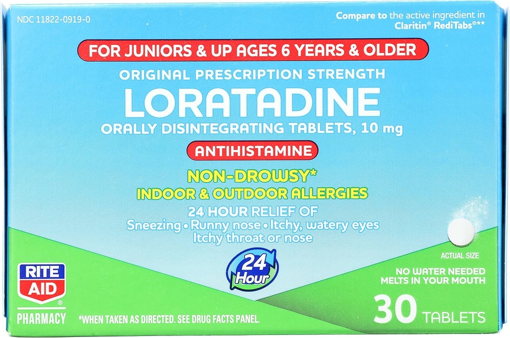 Rite Aid Kid's non-Drowsy Allergy Relief, Loratadine 10mg, Mint Flavor - 30 Tabletten | Orally Disintegrating Tabs | Alter 6 und älter
