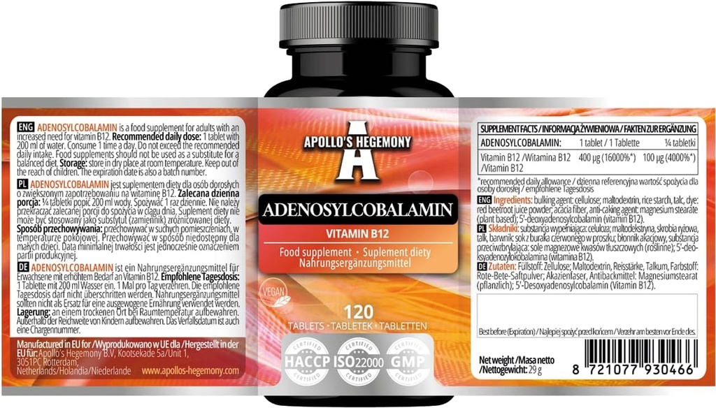 APOLLO'S HEGEMONY Adenosylcobalamin 120 Tabletten - Optimal biologisch verfügbares Vitamin B12 für Enhanced Energy Metabolism - 480 Servierungen - Nahrungsergänzung