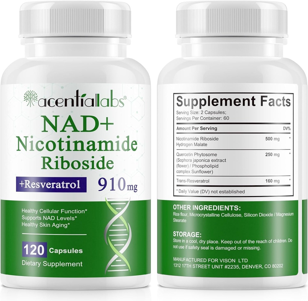 120 Count NAD Plus Supplément, Liposomal Nicotinamide Riboside Capsules 900MG avec Resvératrol & Quercetin, Nicotinamide haute pureté pour anti-âge, Gégénération cellulaire/énergie/Immune Booster