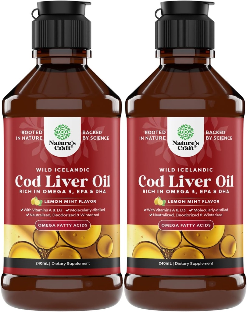 Icelandic Wild Caught Cod Liver Oil Liquid - Fish Oil Drops mit Omega 3, EPA, DHA, Vitamin D & A - Liquid Cod Liver Supplement für Herz, Gelenk, Gehirn & Immununterstützung - 240 ml (8 Unze) 2 Pack
