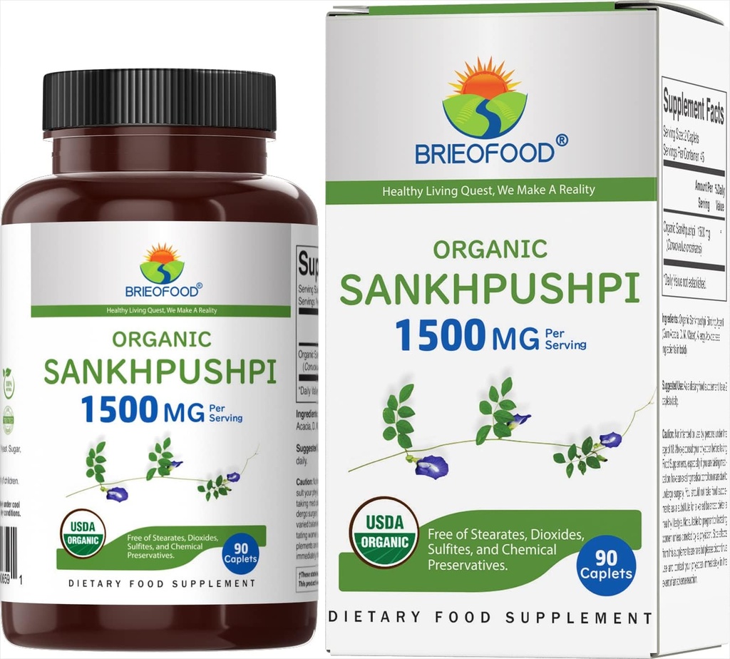 Brieofood Organic Sankhpushpi 1500mg, 45 portions, végétarien, sans gluten, 90 comprimés végétariens