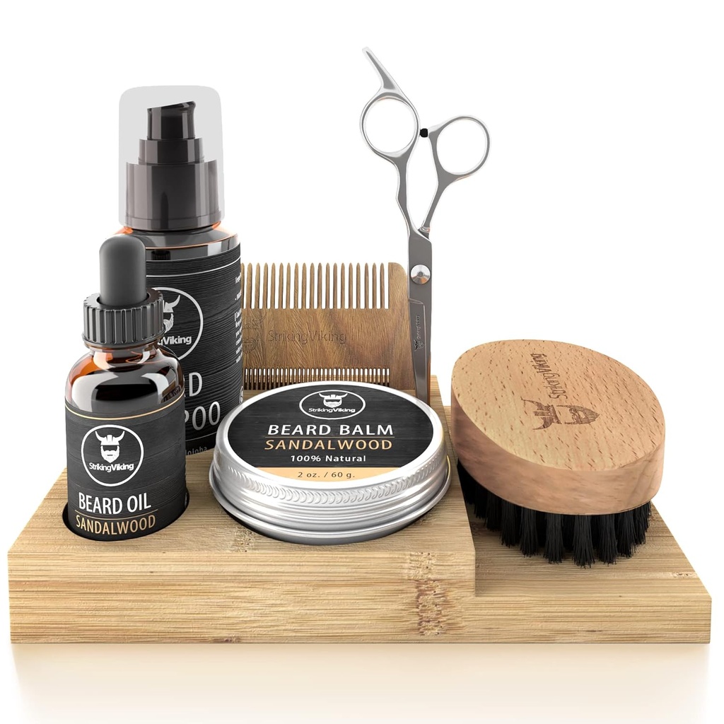 Striking Viking Beard Growth Kit - 7-Piece Set, Sandalwood Scent & Caddy - Öl & Balm mit Bartbürste, Dual-Sided Comb & Scissors plus Mustache Comb für Grooming & Styling