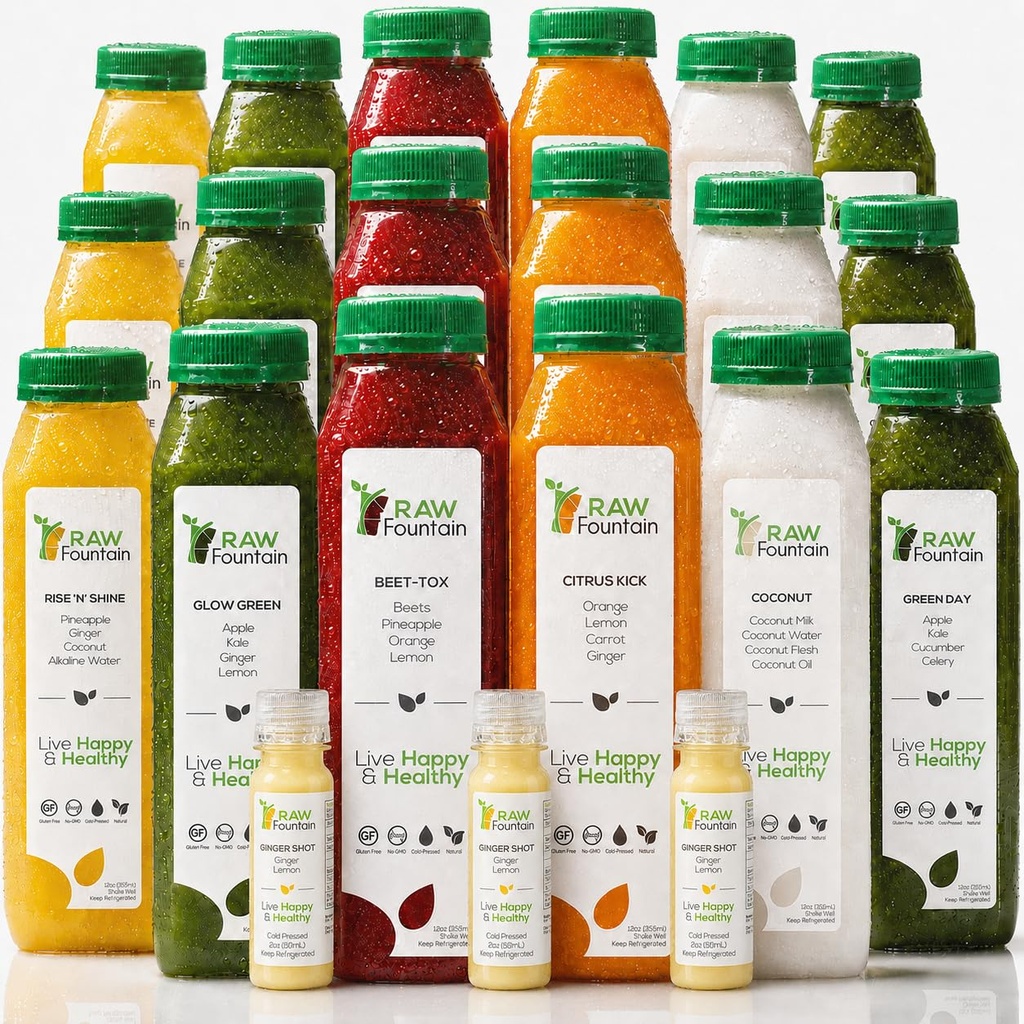 3 Day Juice Cleanse by Raw Fountain, All Natural Raw Detox Cleanse, Juicing for Body Rest, Cold Pressed Juice Fast, Great Way to Jumpstart a Healthier Diet, 18 Flaschen 12oz, 3 Ingwer Shots