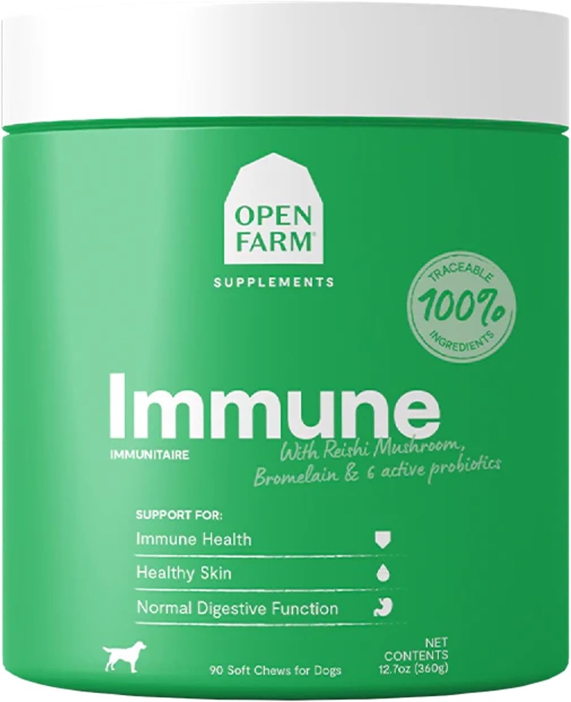 Open Farm Immune Chews, Dog Supplement with Plant-Based Ingredients and Probiotics for Immune and Skin Support, 12.7 oz, 90 Count