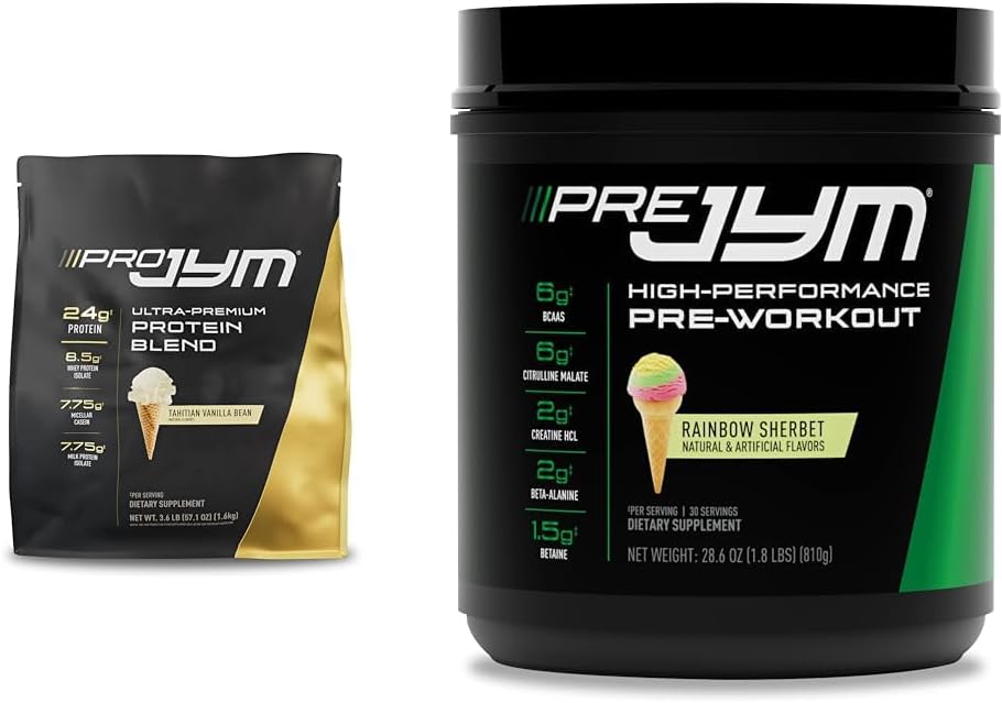 PRO JYM 45 Servierungen - Tahitian Vanilla Bean & Pre Jym Rainbow Sherbet, 30 Servierungen, Rainbow Sherbet, 1.8 Pound (Pack von 1)