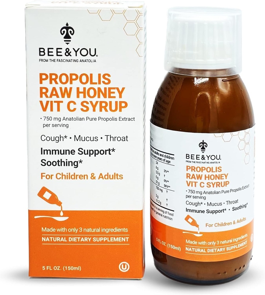 BEE und Sie Propolis Extrakt Hustensirup w/Vitamin C, beruhigende Honig, natürliche Immununterstützung, Sore Throat Relief, Antioxidantien, für Kinder & Erwachsene, 5 Fl Oz, für Männer und Frauen