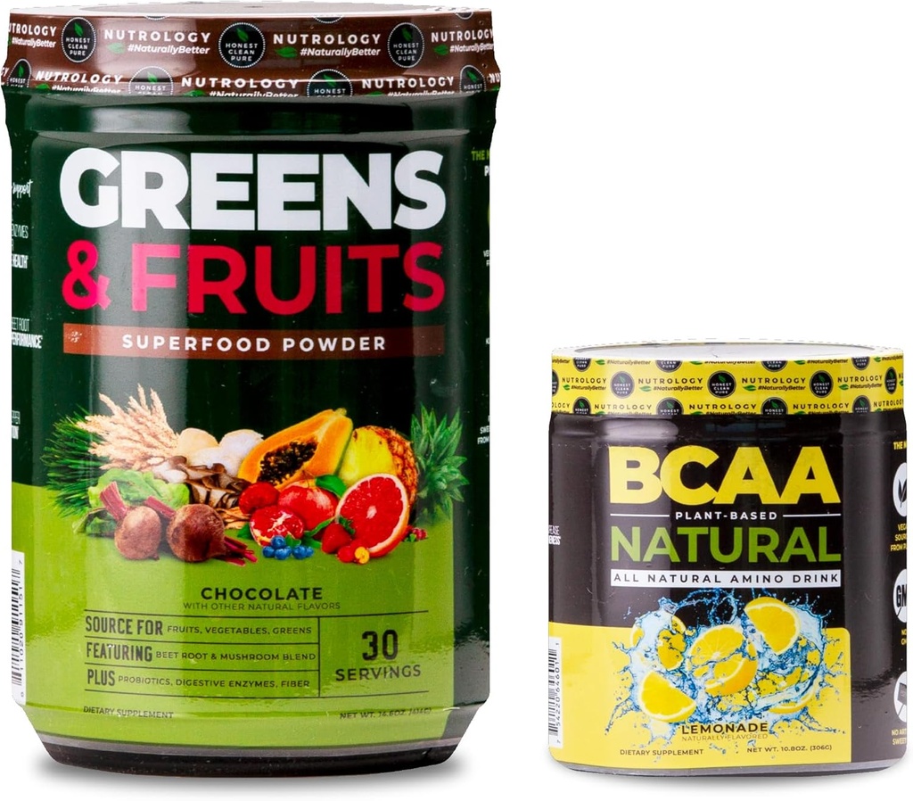 Nutrology Greens & Fruits Powder-Naturally Sourced Superfood, Schokolade (30 Servierungen) BCAA Natural, Pflanzenbasierendes BCAA Pulver, Lemonade Flavor (30 Servierungen)