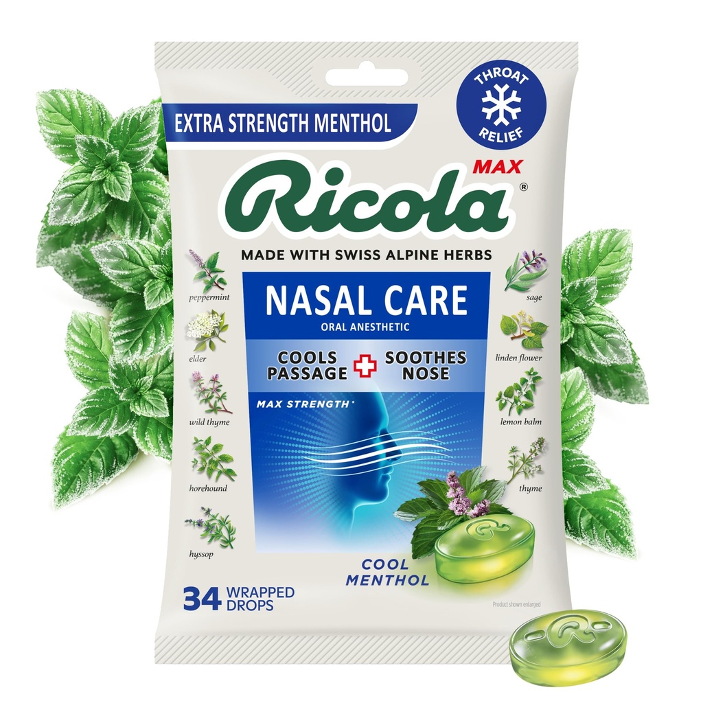 Ricola Max Cool soin nasal menthol grand sac de Toux Supprimant gouttes de Dual Action Liquid Center de Relief apaisant longue durée - 34 Compte (paquet de 1)