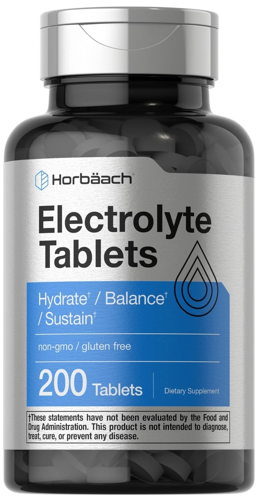 Comprimés d'électrolyte Horbäach: 200 Comte Végétarien: 200 Kéto-Amiendly: non-OGM et supplément d'hydratation sans gluten