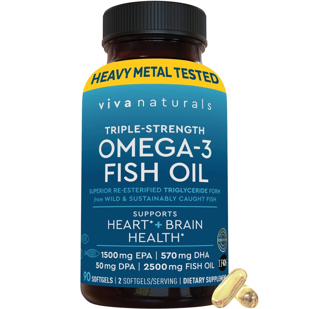 Viva Naturals Triple Strength Omega 3 Pilules d'huile de poisson – Formule à haute puissance de 2500 mg avec acide gras Omega 3 à 2250 mg (y compris EPA, DHA, DPA) sous forme rTG pour absorption – certifié IFOS, 90 Softgels