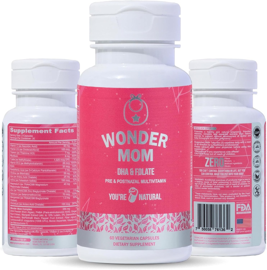 Pränatale und postnatale Vitamine: Folat, DHA, Choline, Eisen, B12, Multivitamin & Probiotika, unterstützt fiktive Gehirnentwicklung, Schwangerschaft & Postpartum Gesundheit, Vegan, Non-GMO, Glutenfrei, 30 Tage