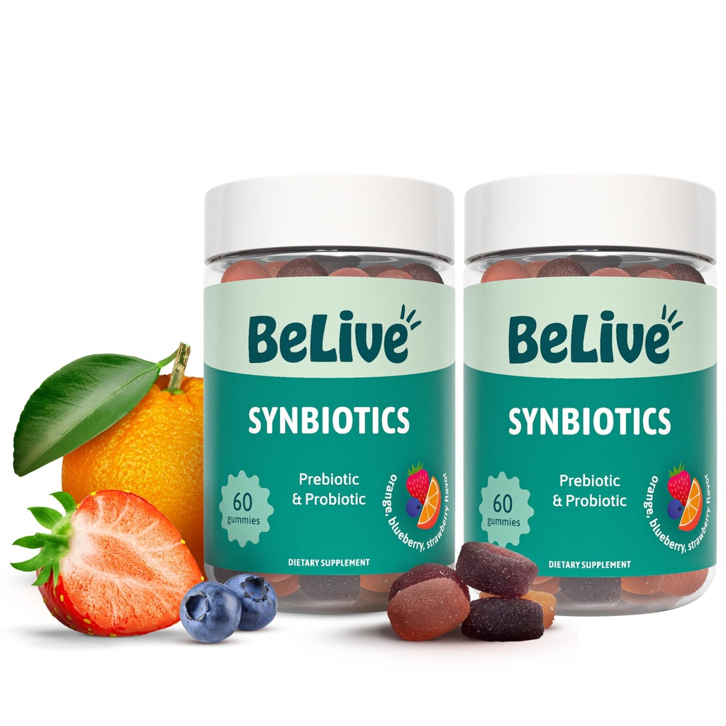 BeLive Synbiotics - Probiotic & Prebiotic Fiber Gummis – High Strength Inulin (3g), Nahrungsfaserergänzung, Verdauungsunterstützung für Kinder & Erwachsene - Erdbeere, Zitronen, Blaubeeren Geschmack | 2-Pack