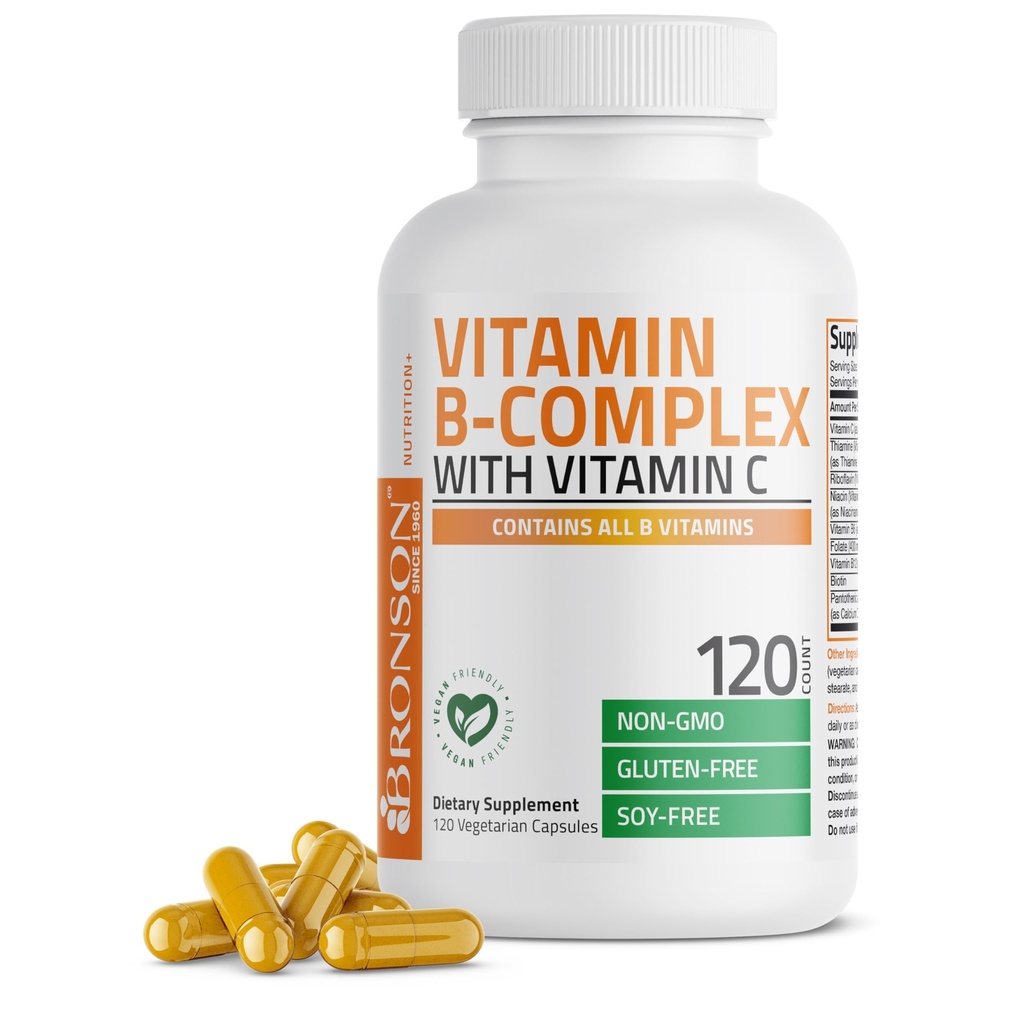 Bronson Vitamin B Complex mit Vitamin C - Immune Gesundheit, Energieunterstützung & Nervous System Support - Non-GMO, 120 vegetarische Kapseln