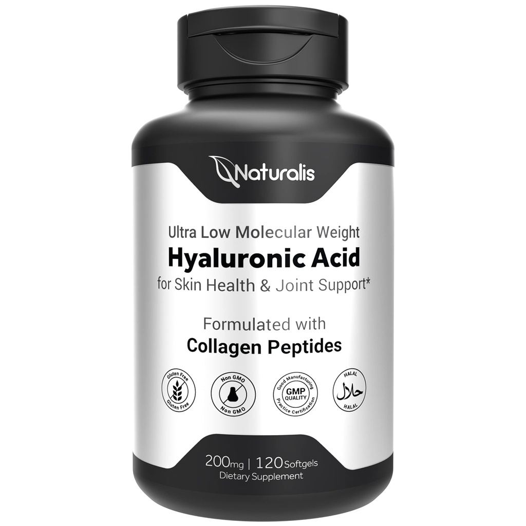Naturalis Acide hyaluronique 200mg, 10x Mieux Absorption Ultra Faible Poids Moléculaire avec Collagène, Biotine, Sélénium et Vitamine E