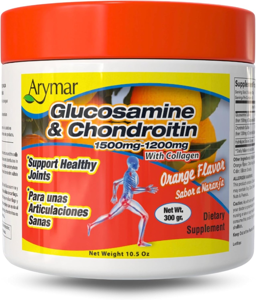 Arymar Glucosamin 1500 mg + Chondroitin 1200 mg mit Collagen – Orange-Flavored Joint Health Powder, 300 g