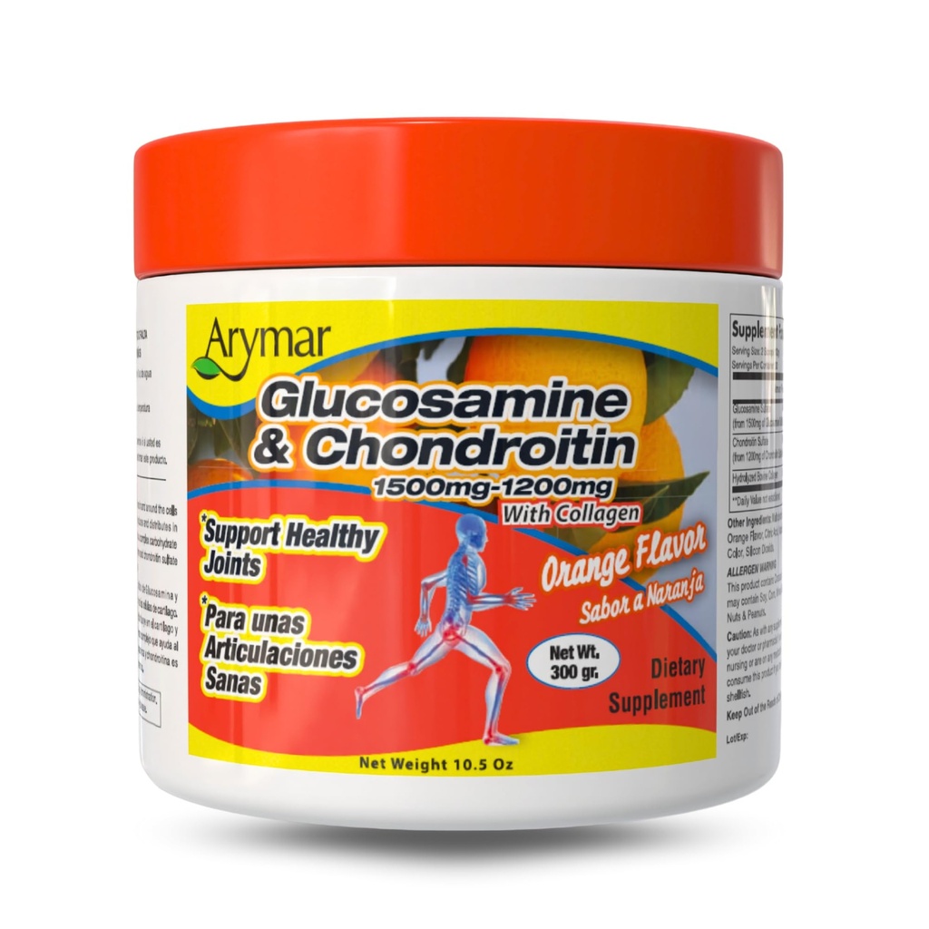 Arymar Glucosamine 1500 mg + Chondroïtine 1200 mg avec collagène – Poudre de santé aromatisée orange, 300 g