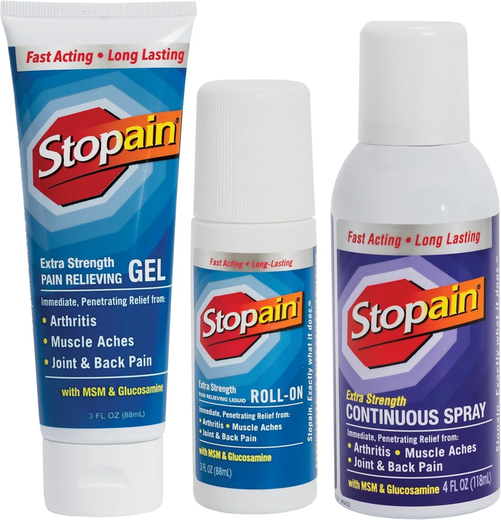 Set anti-douleur d'arrêt (Gel, Roll on, Spray) USA Made, Max Strength Fast Agissant avec MSM, Glucosamine, Menthol pour le bas du dos, genou, cou HSA FSA Produits analgésiques topiques