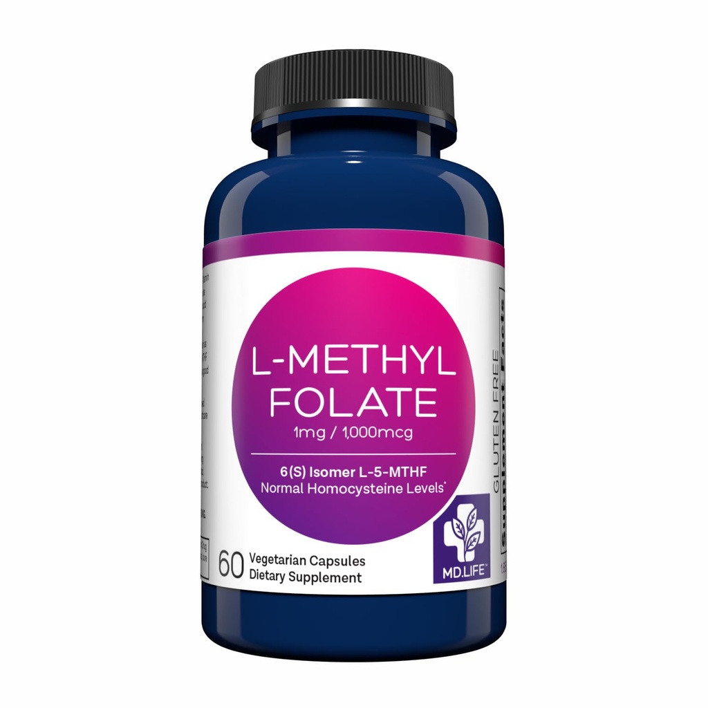 MD Life L Méthylfolate 1mg - Supplément de méthylfolate actif de grade professionnel - Potence maximale MTHFR Suppléments - L méthylfolate 1mg 60 Capsules - Acides aminés essentiels