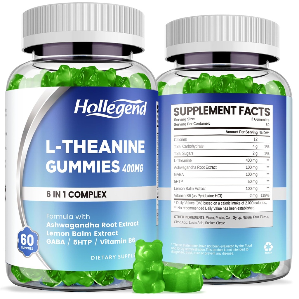 L-Theanine Gummies, l'theanine 400mg mit Ashwagandha, GABA, 5HTP,L-Theanine Chewable Supplement for Relax, Zzz & Focus Support, Vegan, Lemon Flavor, 120 Zähler