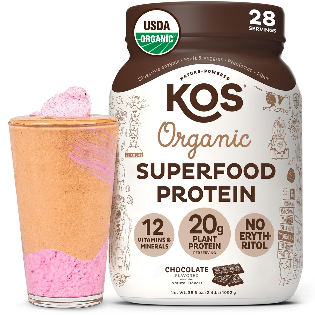KOS Vegan Protein Powder Erythritol Free, Chocolat - Mélange de protéines de pois organiques, super-aliments à base de plantes riches en vitamines et minéraux - Keto, sans produits laitiers - Remplacement des repas pour les femmes et les hommes, 28 portions