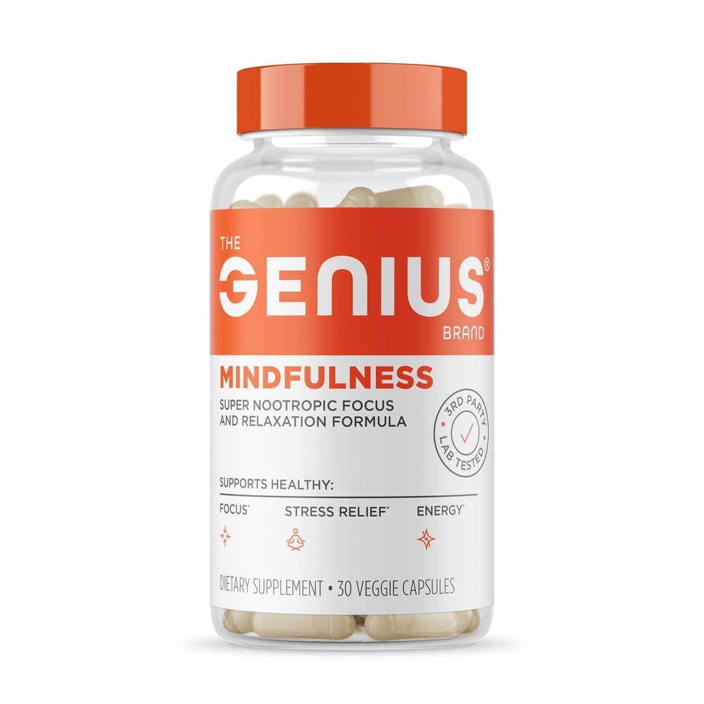 Genius Brand Genius Mindfulness - Gehirngesundheitsergänzung - Unterstützt gesunde Mindsets - Beruhigt, Energie, Gedächtnis &amp; Fokus Unterstützung - Ashwagandha, NeuroFactor &amp; More - 30 Veggie Pillen