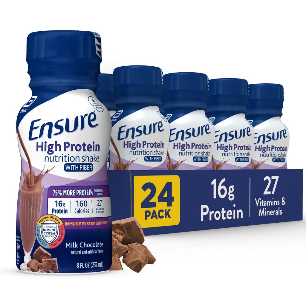 Assurez-vous que le chocolat de lait embouteillé à haute teneur en protéines agite avec fibre, prêt à boire, 16g de protéines et 27 vitamines et minéraux, 8 fl oz, 24 Pack