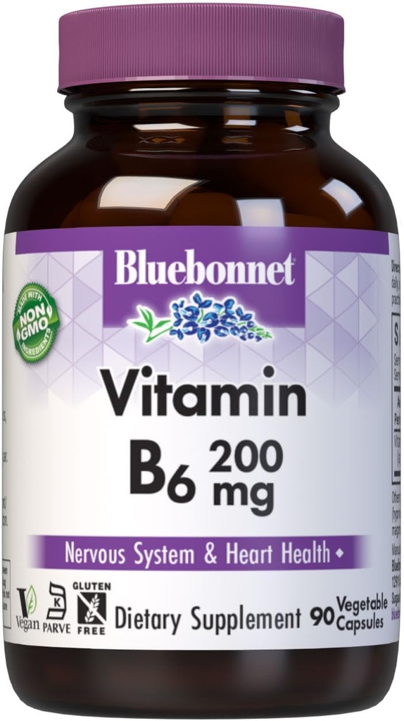 Bluebonnet Nutrition Vitamin B6 Gemüse Kapseln, 200 mg, Für Herz-Kreislauf- und Nervensystem Gesundheit, Sojafrei, Glutenfrei, Kosher, Dairy Free, Vegan, Non-GMO, 90 Gemüsekapseln, 90 Serviergeräte