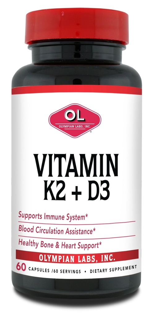 Olympian Labs Vitamin K2 + D3, 60 Servierungen, Unterstützt Immunsystem, Knochen und Herzunterstützung, 60 Vegan Kapseln