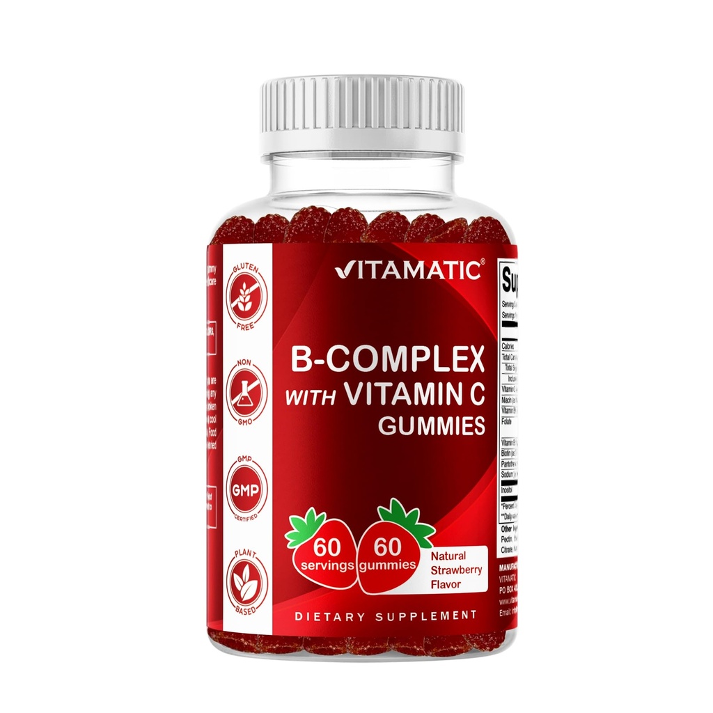 Vitamatic Vitamin B Complex Gummies mit Vitamin C & Inositol - Natural Strawberry Flavor - 60 Gummies (1 Flasche)