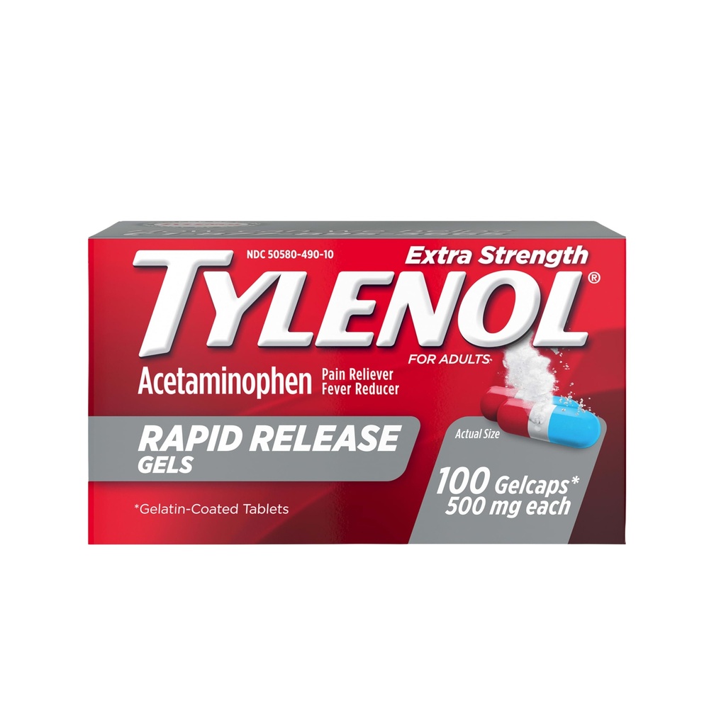Tylenol Extra Strength Acetaminophen Rapid Release Gels, Pain Reliever & Fever Reducer, Gelcaps mit lasergebohrten Löchern für schnelle Freisetzung, Sanft auf Stomach, 500 mg Per Gelcap, 100 Count OTC Medizin