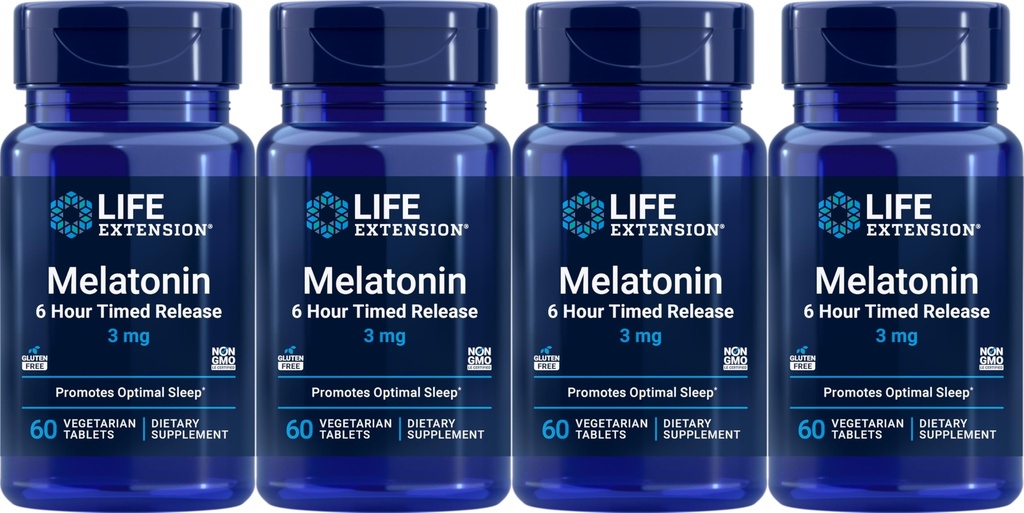 Prolongation de la durée de vie Melatonine 6 heures à libération différée 3 mg, 60 comprimés végétariens (paquet de 4)