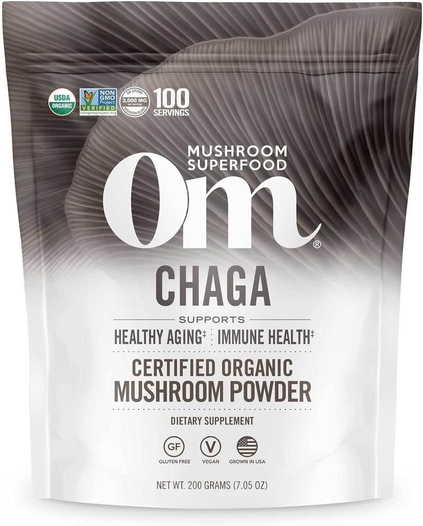 OM MUSHROOM SUPERFOOD Chaga Organic Mushroom Powder, 7.05 Unze Pouch, 100 Servierungen, US Grown, Sacred Antioxidants & Immune Support, Superfood Pilzergänzung