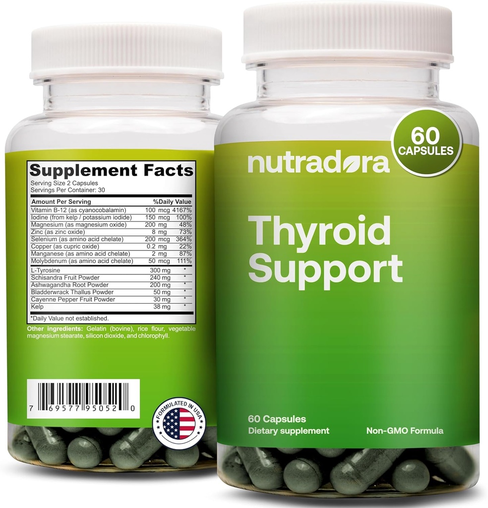Support Thyroïde pour les femmes et les hommes - Supplément Thyroïde avec Iodine, Vitamine B12, Ashwagandha, Suppléments Sélénium et Zinc, GMP certifié, Formulé aux États-Unis, 60 Capsules (Pack of 1)