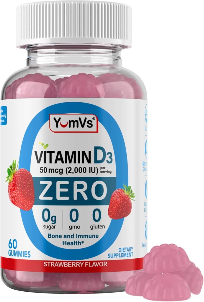YUM-V'S Vitamin D Zero Gummis von YumVs | Keto Friendly, Sugar Free D3 Supplement | Kids & Adults| 50 mcg – 2000 IU Vitamin D3 | Natürliche Erdbeeren-Flaschenkröte